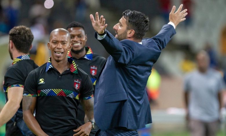 Vuyo Mere and TS Galaxy head coach Adnan Beganovic in celebratory mood