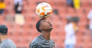 Samkelo Zwane heading the ball during warm-up