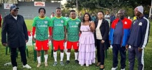Baroka FC chairman Khurishi Mphahlele with the new three players set to join Bakgaga