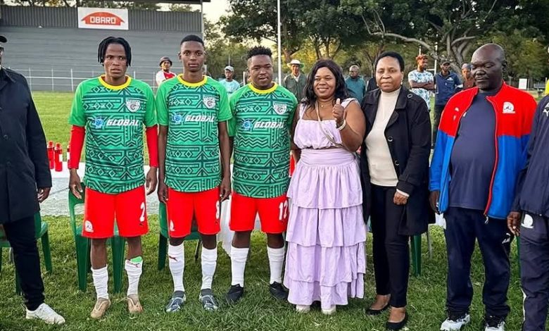 Baroka FC chairman Khurishi Mphahlele with the new three players set to join Bakgaga