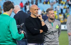 Defiant Mamelodi Sundowns coach Miguel Cardoso after a game