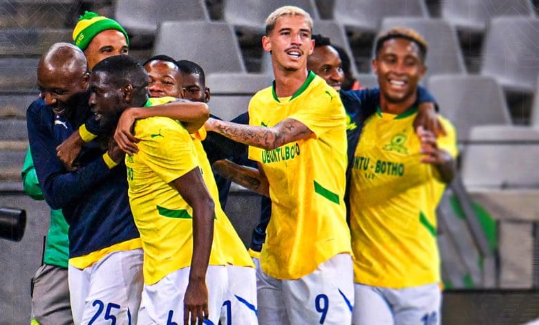 Mamelodi Sundowns players celebrate after a goal against Cape Town City