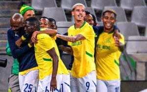 Mamelodi Sundowns players celebrate after a goal against Cape Town City