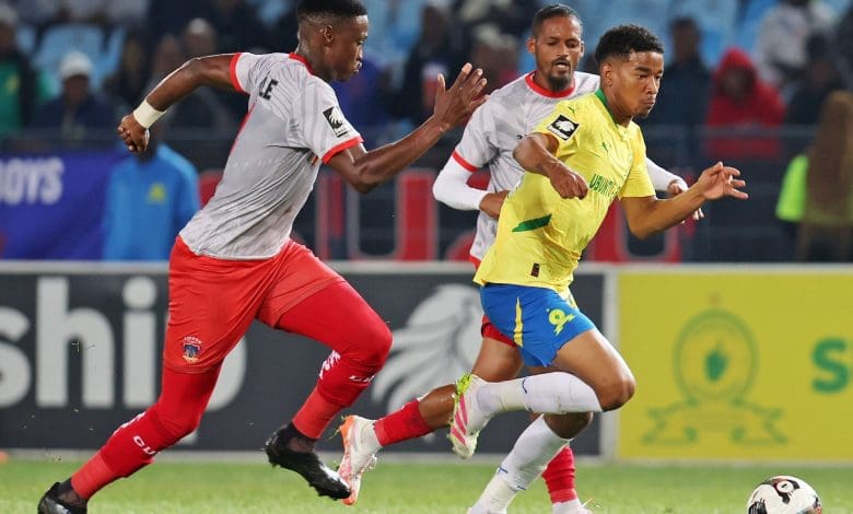 Mamelodi Sundowns midfielder Jayden Adams on the ball in a match against Chippa United