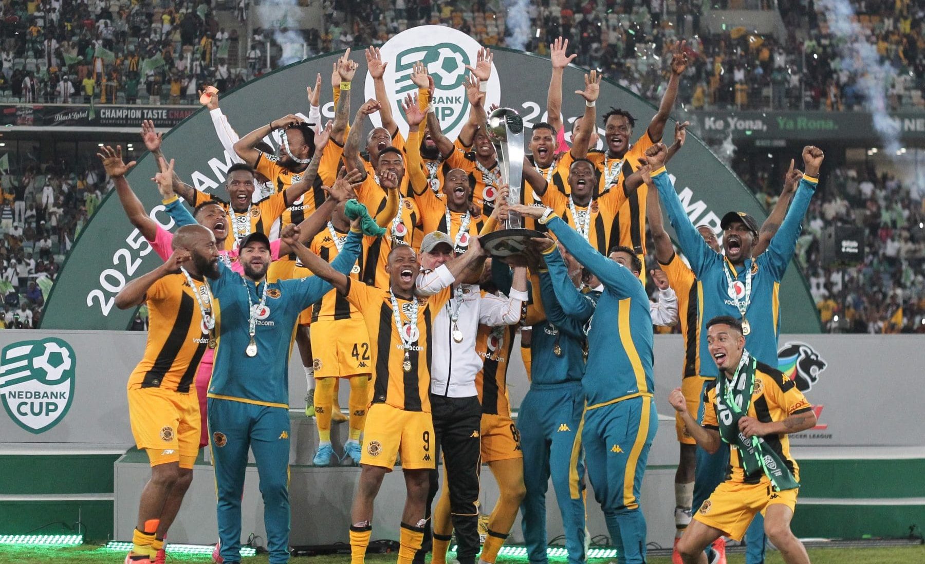 Kaizer Chiefs players celebrating their Nedbank Cup triumph 