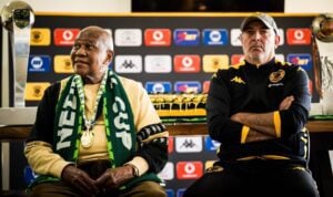 Kaizer Chiefs chairman Kaizer Motaung and Nasreddine Nabi at the club's celebration event of the Nedbank Cup