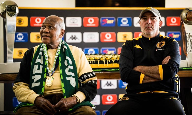 Kaizer Chiefs chairman Kaizer Motaung and Nasreddine Nabi at the club's celebration event of the Nedbank Cup