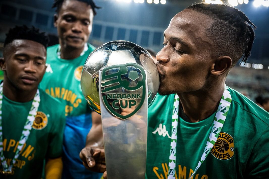 Kaizer Chiefs midfielder George Matlou celebrating the Nedbank Cup win 