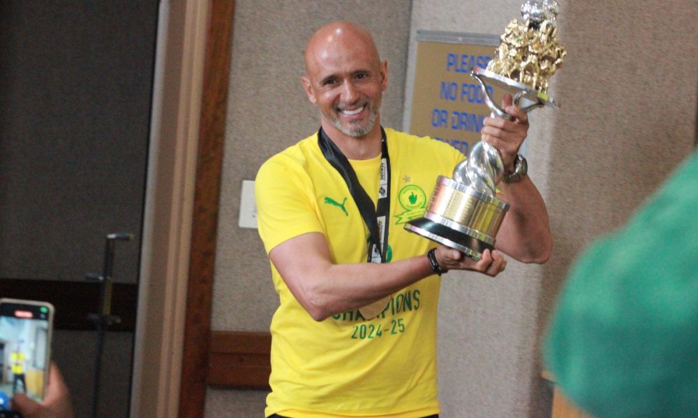 Mamelodi Sundowns coach Miguel Cardoso with the Betway Premiership trophy