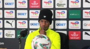 Mamelodi Sundowns captain Themba Zwane addressing journalists ahead of the CAF Champions League final against Pyramids.
