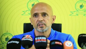 Mamelodi Sundowns coach Miguel Cardoso speaking during the press conference
