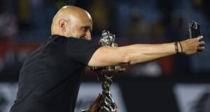 Mamelodi Sundowns coach Miguel Cardoso celebrating after winning the Betway Premiership trophy