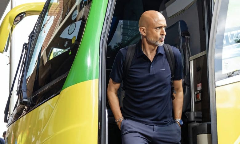 Mamelodi Sundowns coach Miguel Cardoso arriving for a match with a team bus