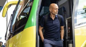 Mamelodi Sundowns coach Miguel Cardoso arriving for a match with a team bus