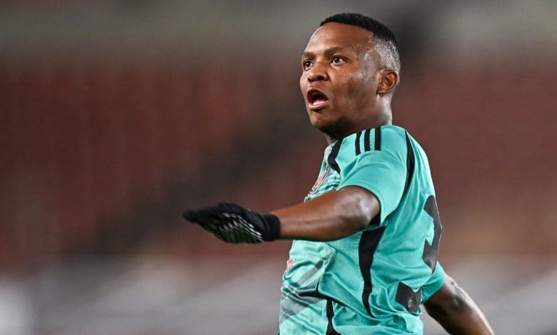 Mohau Nkota in action for Orlando Pirates against SuperSport United