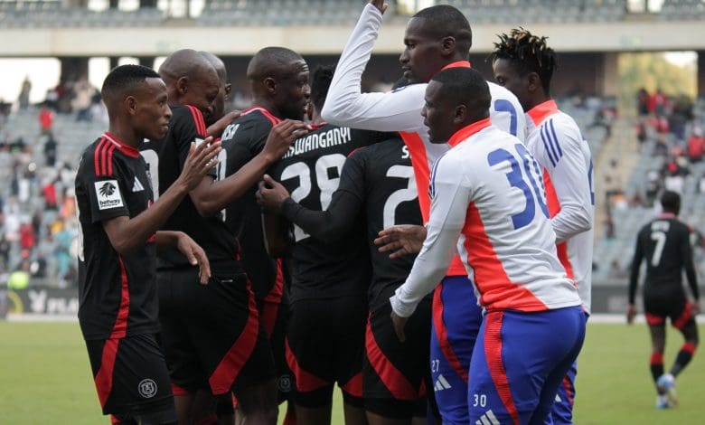 Orlando Pirates players in celebratory mood after scoring against TS Galaxy