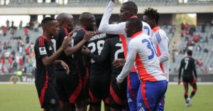 Orlando Pirates players in celebratory mood after scoring against TS Galaxy