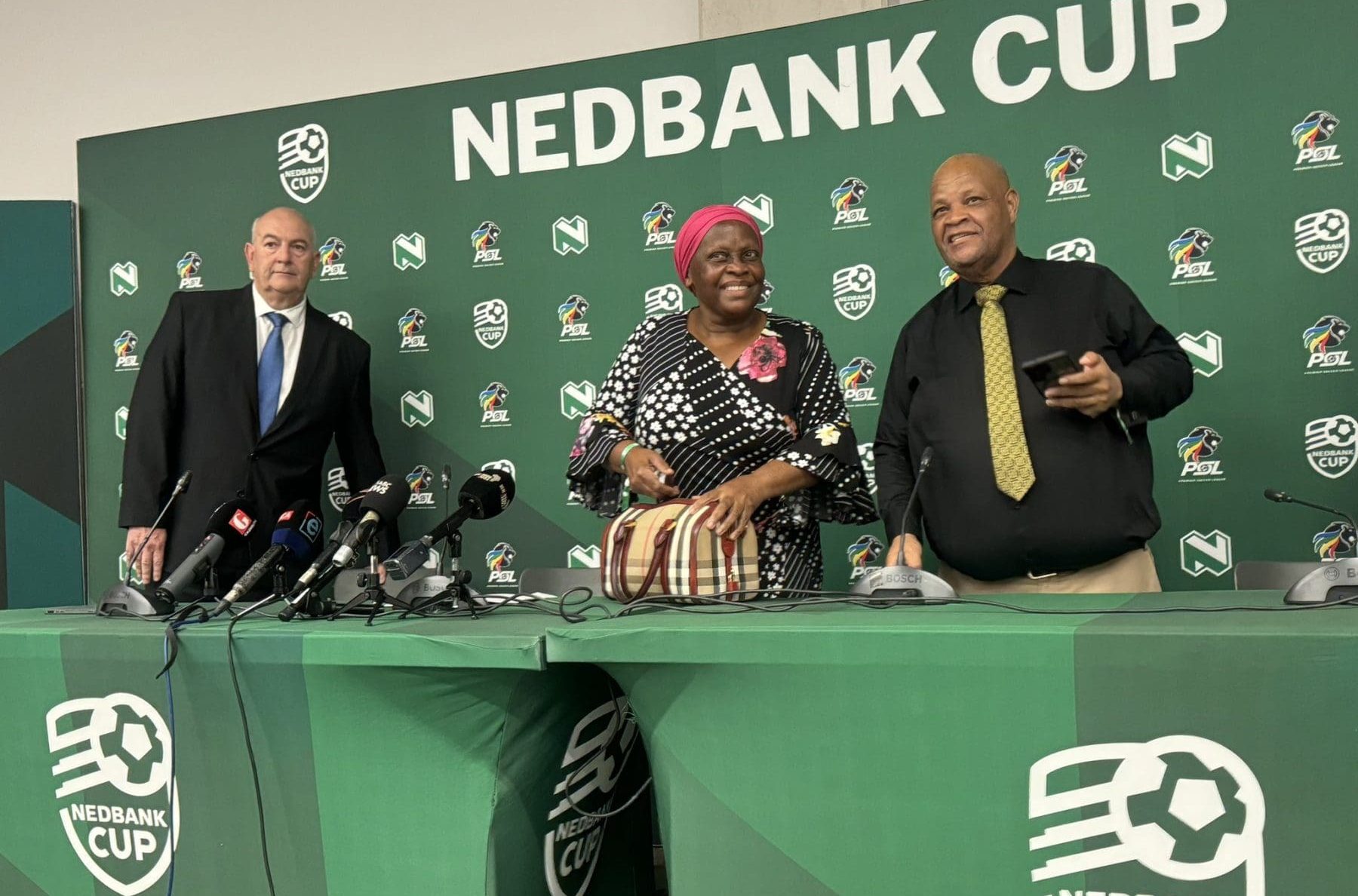 PSL CEO Mam Mato Madlala, Moses Mabhida Stadium’s Head of Stadia & Facilities Vusi Mazibuko and Stadium Management’s Bartie Grobbelaar
