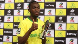 Mamelodi Sundowns forward Peter Shalulile after being awarded the Man of the Match accolade