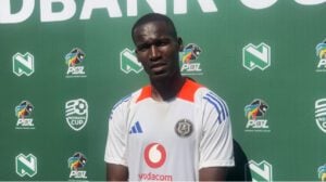 Orlando Pirates defender Tapelo Xoki speaking with the media