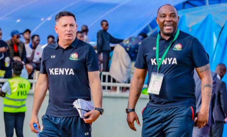 Vasili Manousakis and Benni McCarthy wearing Kenya national team attire