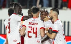 Wydad AC players celebrating Thembinkosi Lorch's goal against AS FAR