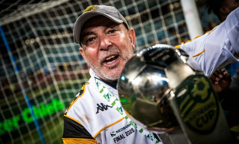 coach Nasreddine Nabi of Kaizer Chiefs with the Nedbank Cup trophy