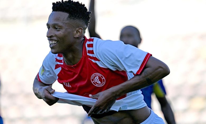 Khaya Mfecane of Cape Town Spurs celebrates his goal