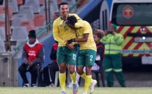 Bafana Bafana players celebrating a goal in COSAFA Cup semis