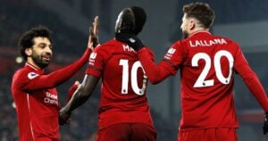 Ex-Liverpool star Adam Lallana, Sadio Mane and Mohamed Salah celebrating a goal