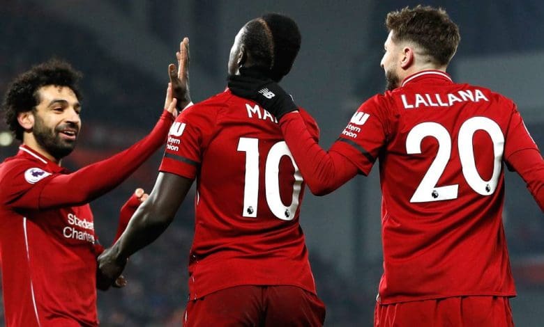 Ex-Liverpool star Adam Lallana, Sadio Mane and Mohamed Salah celebrating a goal