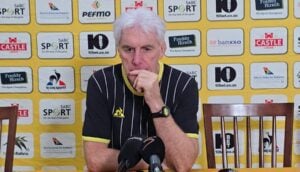 Bafana Bafana coach Hugo Broos addressing the media in Polokwane.
