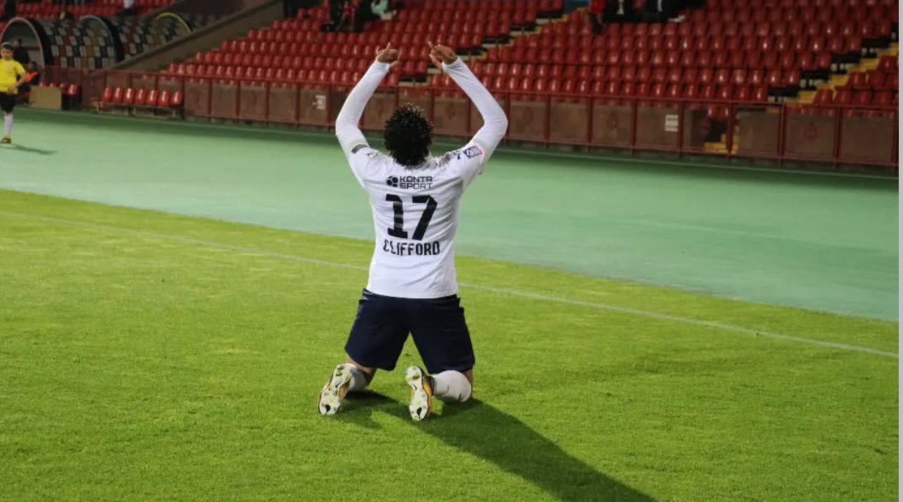 Orlando Pirates target Jaisen Clifford celebrating a goal