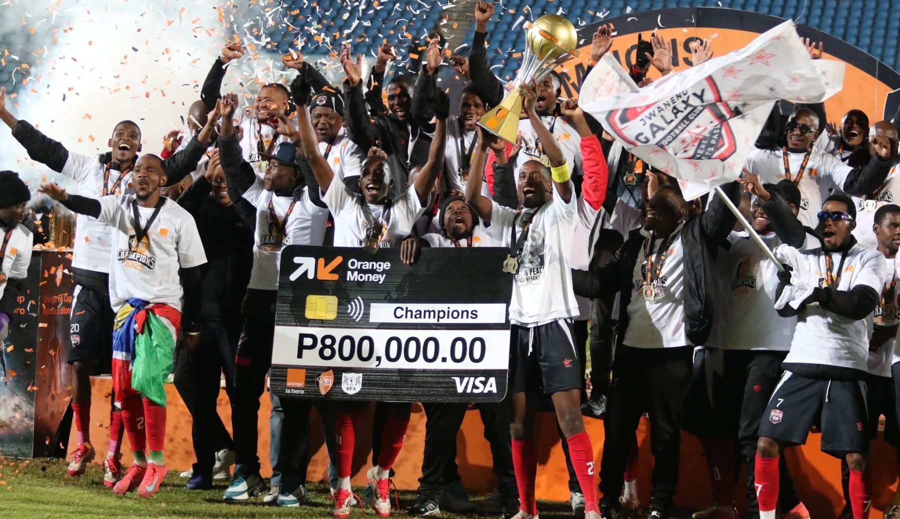 Jwaneng Galaxy celebraing their Orange FA Cup champions