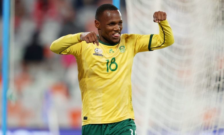 Kamogelo Sebelebele of TS Galaxy in action for Bafana Bafana