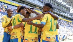 Mamelodi Sundowns players celebrating a goal in a match against Borussia Dortmund