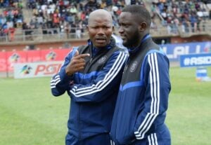 Mandla Qhogi and Simon Marange in Orlando Pirates colors