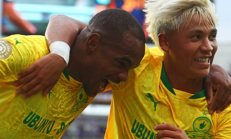 Mamelodi Sundowns players Marcelo Allende and Iqraam Rayners celebrate goal