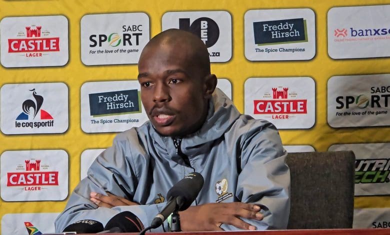 Bafana Bafana defender Nkosinathi Sibisi addressing the media in Polokwane