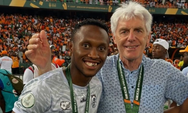 Thapelo Maseko with Bafana Bafana coach Hugo Broos