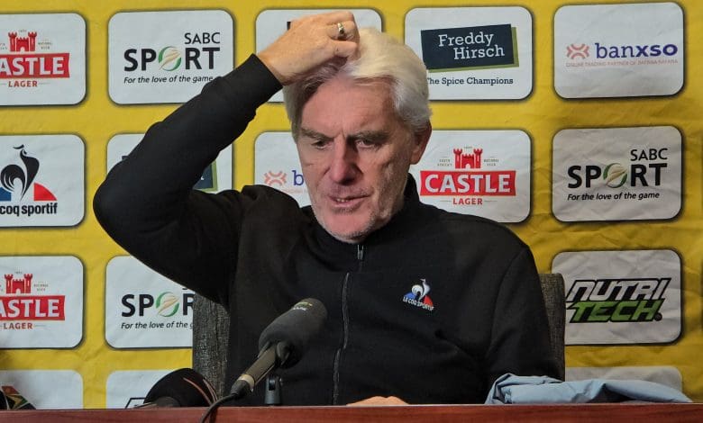 Bafana Bafana coach Hugo Broos scratching his head during a press conference