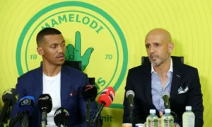 Tlhopie Motsepe and Mamelodi Sundowns coach Miguel Cardoso during a press conference