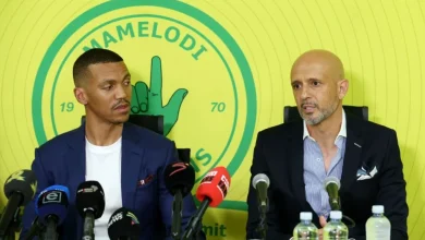 Tlhopie Motsepe and Mamelodi Sundowns coach Miguel Cardoso during a press conference