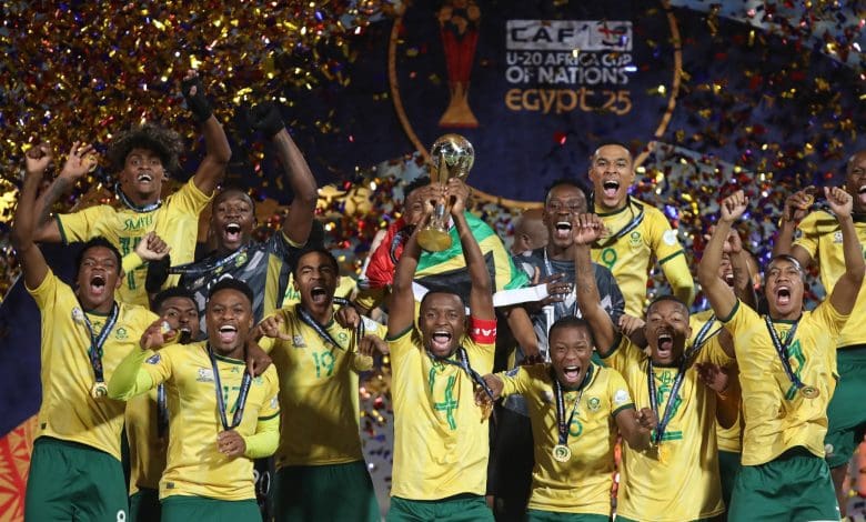 SA U-20 players lifting the trophy after AFCON triumph in Egypt