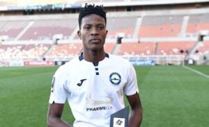 Richards Bay FC striker Yanela Mbuthuma holding the Man of the Match award