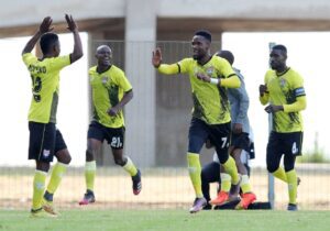 JDR stars players celebrating a goal in the Motsepe Foundation Championship.