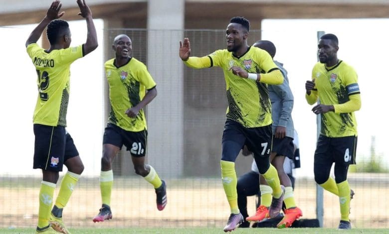 JDR stars players celebrating a goal in the Motsepe Foundation Championship.