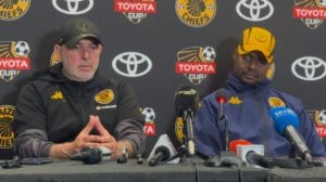 Kaizer Chiefs coaches Nasreddine Nabi and Cedric Kaze speaking with media