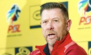 Sekhukhune United coach Eric Tinkler speaking with media