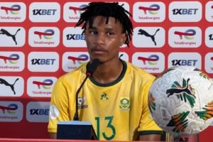 Malibongwe Khoza of Bafana Bafana addressing the medoa